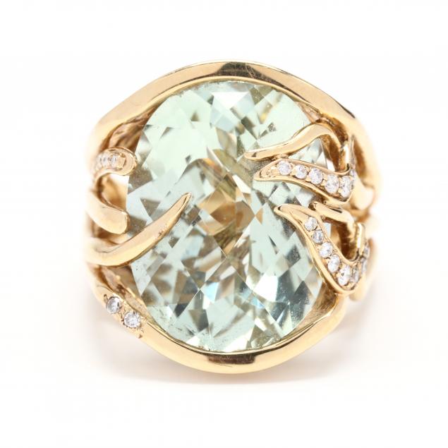 GOLD, GREEN AMETHYST, AND DIAMOND RING