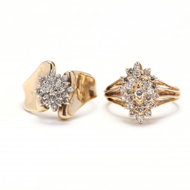 TWO GOLD AND DIAMOND CLUSTER RINGS