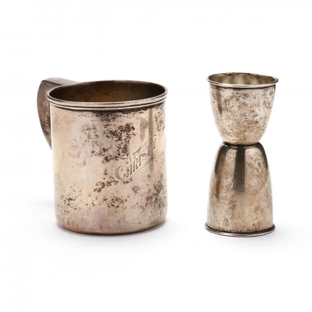 A STERLING SILVER CUP AND DOUBLE