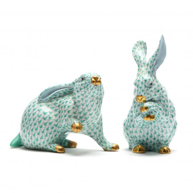 TWO HEREND PORCELAIN RABBITS Green fishnet,