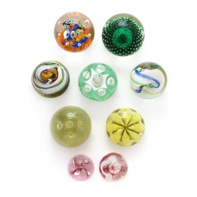 NINE ART GLASS PAPERWEIGHTS, INCLUDING