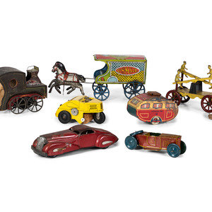 Six Tin Lithograph and Painted Toy Vehicles
20th