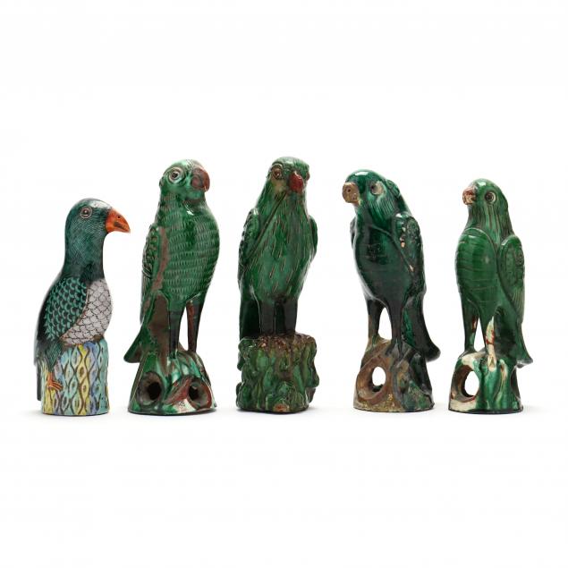 A GROUP OF CHINESE GREEN GLAZED PARROTS