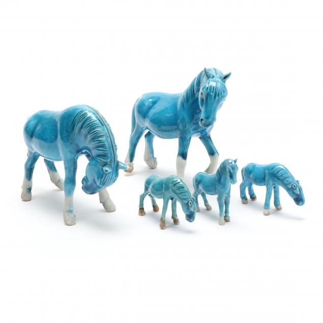 FIVE TURQUOISE GLAZED HORSES 20th