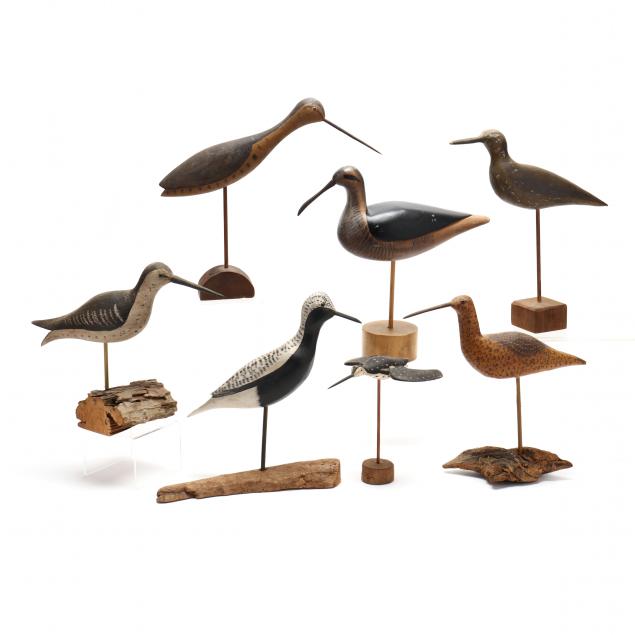 SEVEN PAINTED SHOREBIRDS ON STANDS,