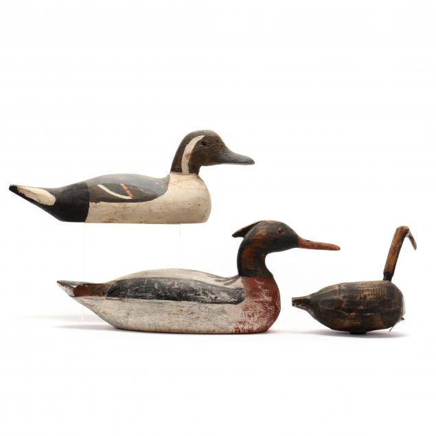 THREE CARVED VINTAGE DECOYS, INCLUDING