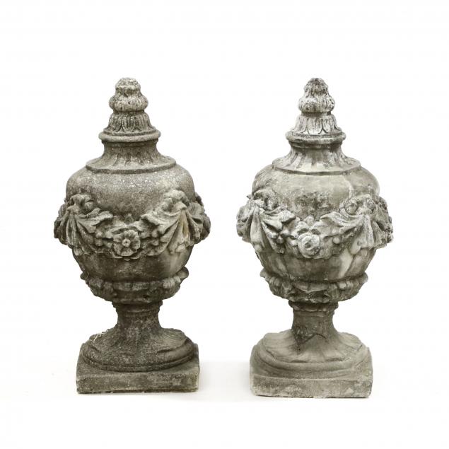PAIR OF CAST STONE URN FORM FINIALS