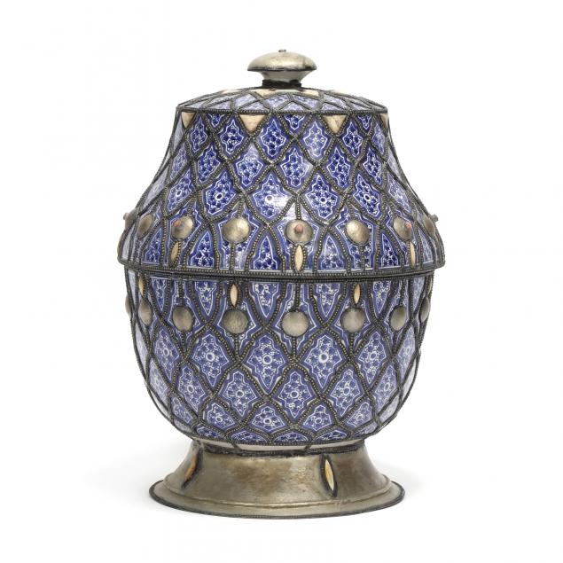 MOROCCAN BLUE GLAZE AND METAL OVERLAY 34980a