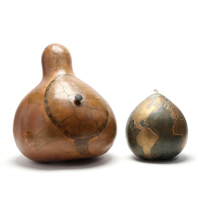 TWO CARVED AND DECORATED GOURDS