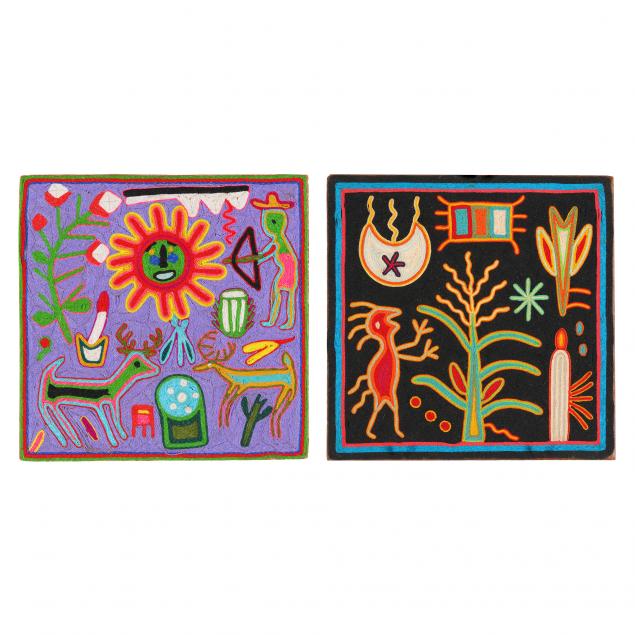 TWO HUICHOL YARN PAINTINGS, WITH