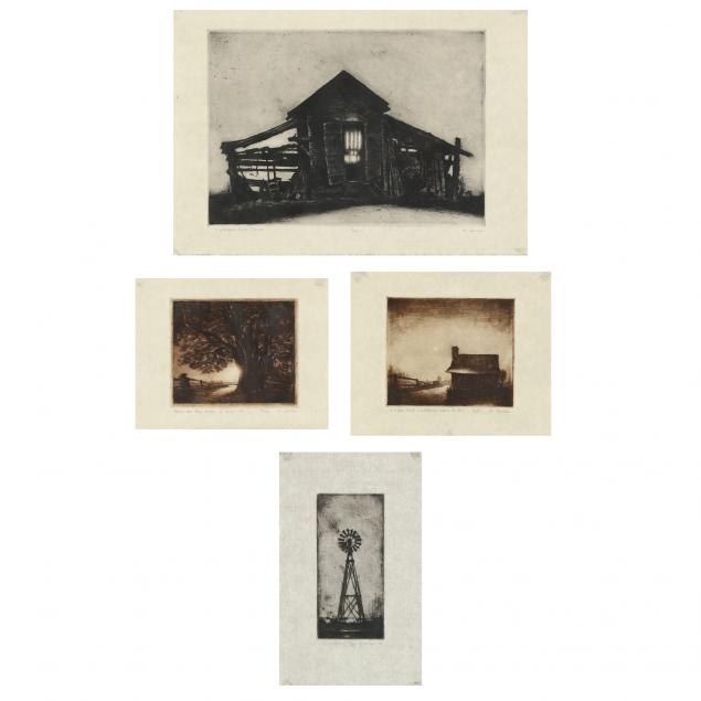 FOUR COUNTRYSIDE ETCHINGS, SIGNED M.