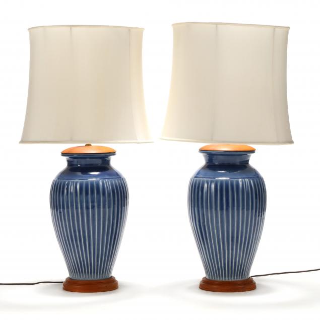 PAIR OF BLUE CELADON POTTERY TABLE LAMPS