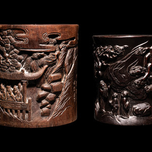 Two Chinese Carved Hardwood Brushpots  349baa