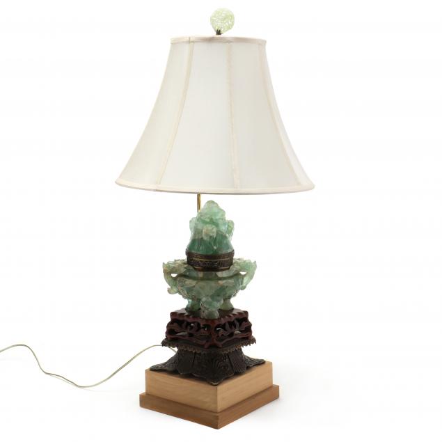 A CHINESE GREEN QUARTZ COVERED URN LAMP