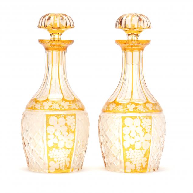 PAIR OF BOHEMIAN CUT TO CLEAR DECANTERS 349cec