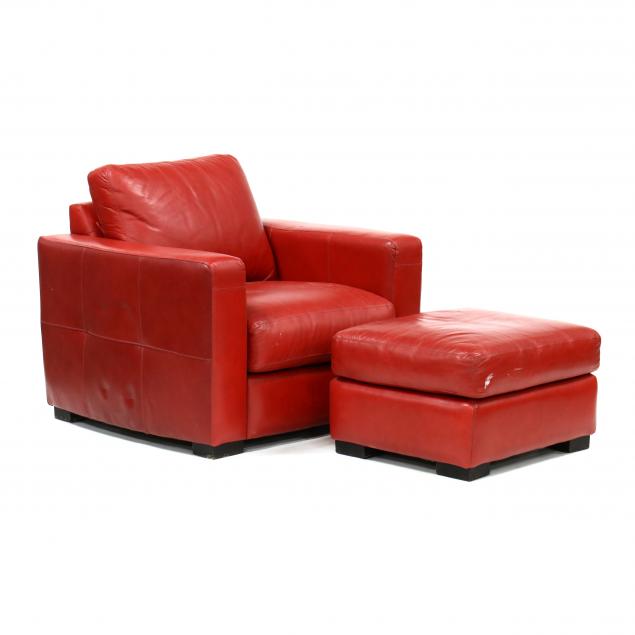 RED LEATHER CLUB CHAIR AND OTTOMAN 349fef