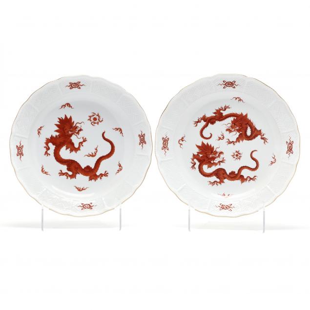 TWO MEISSEN MING DRAGON RED CHARGERS