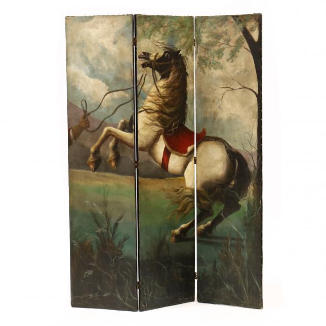 THREE PANEL PAINTED REARING HORSE