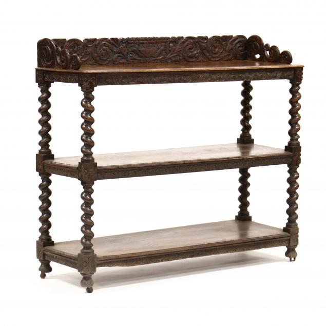 ANTIQUE ENGLISH CARVED OAK THREE-TIER