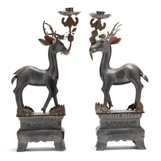 PAIR CHINESE PEWTER DEER CANDLESTICKS 34a0ec