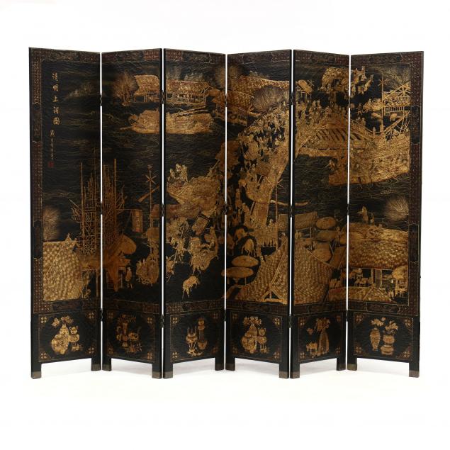 CHINESE LACQUERED AND GILT SIX 34a103