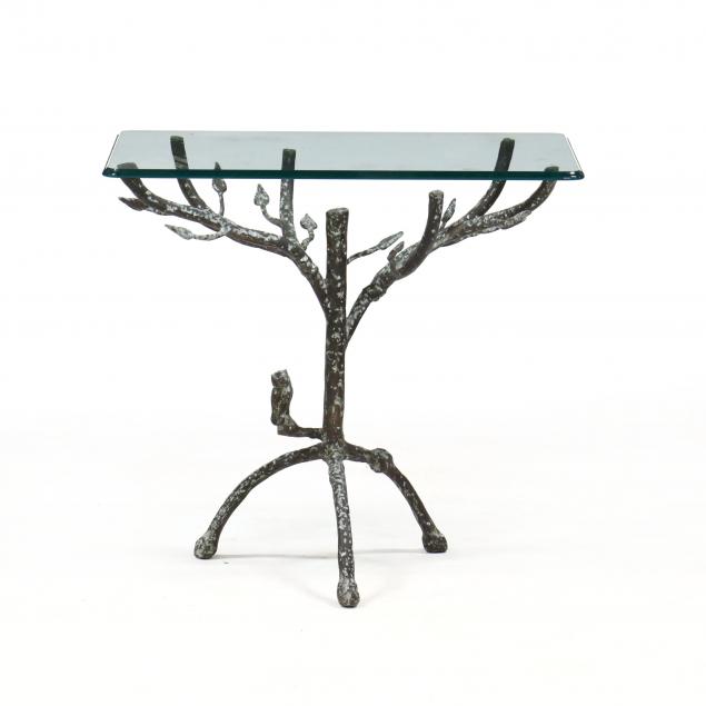 FAUX BOIS METAL AND GLASS SIDE TABLE