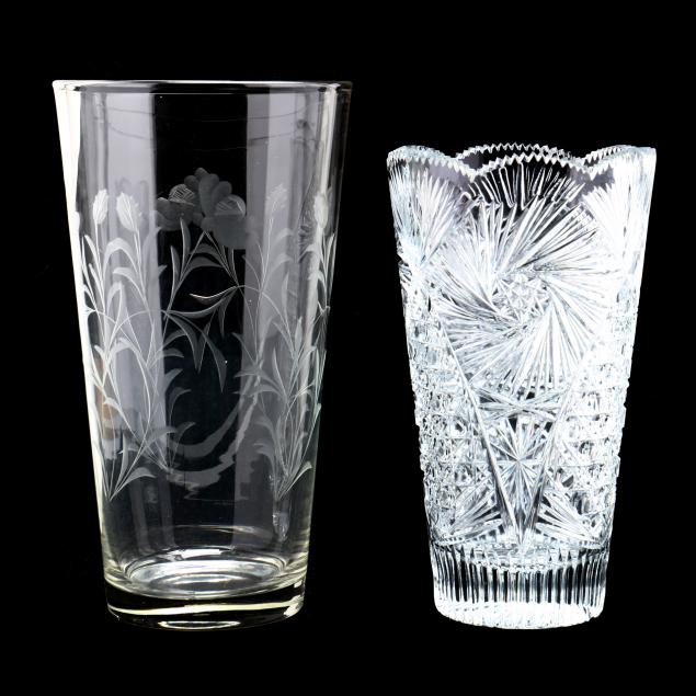 TWO CUT CRYSTAL VASES Both tapered