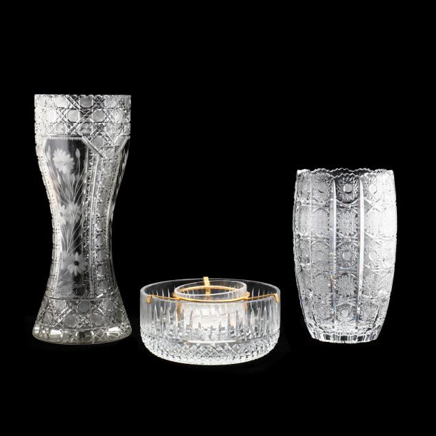 TWO CUT CRYSTAL VASES AND CAVIAR 34a473