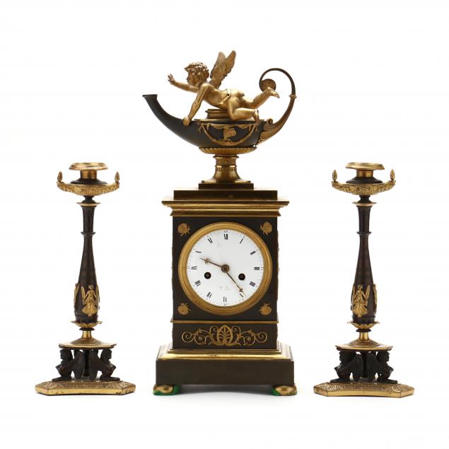 FRENCH BRONZE MANTEL CLOCK AND