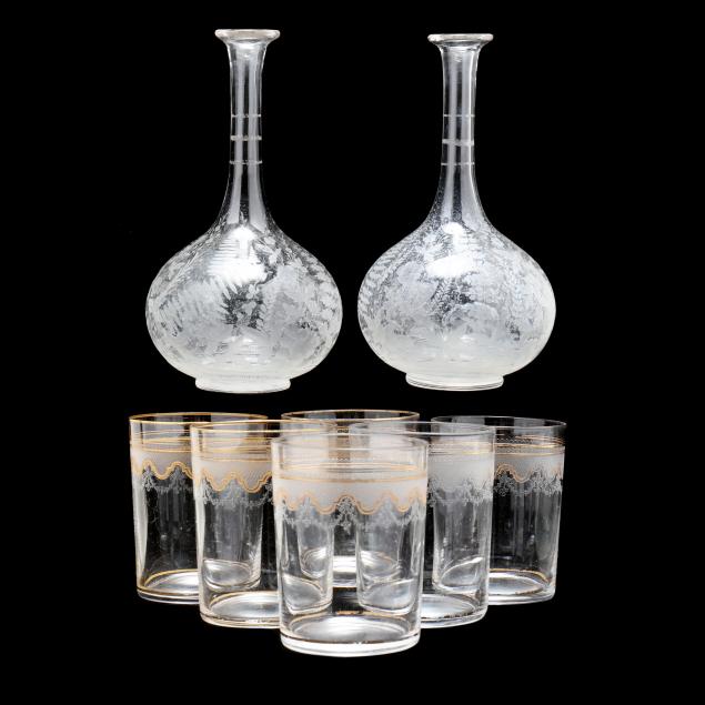 PAIR OF ANTIQUE ETCHED GLASS DECANTERS