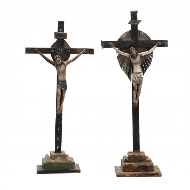 TWO SPANISH COLONIAL CARVED CRUCIFIXES 3481a9