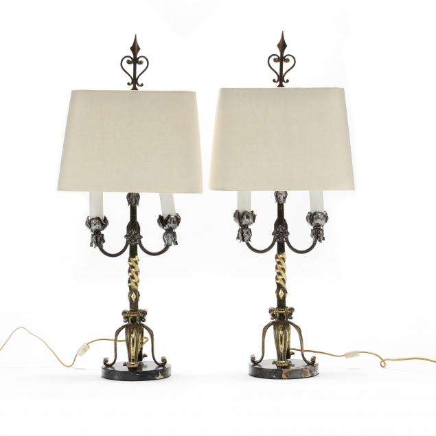 PAIR OF BRASS AND STEEL TABLE LAMPS