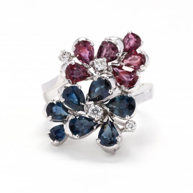 14KT WHITE GOLD AND GEM-SET FLORAL CLUSTER