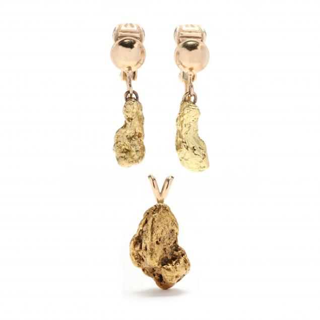 GOLD NUGGET EARRINGS AND PENDANT