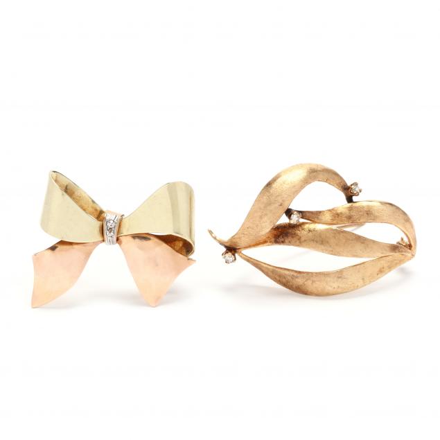 TWO RETRO GOLD AND DIAMOND BROOCHES