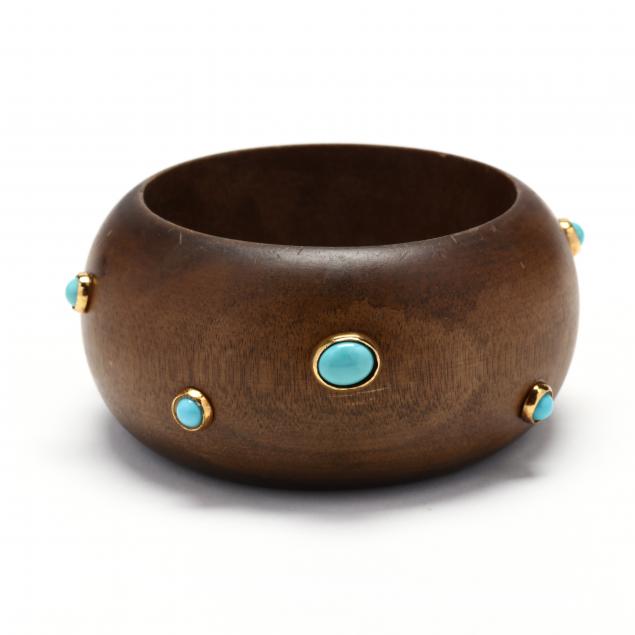 CARVED WOOD AND TURQUOISE BANGLE BRACELET