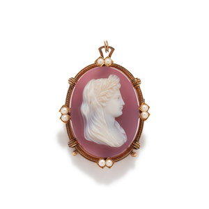 ROSE GOLD, PEARL AND ENAMEL CAMEO