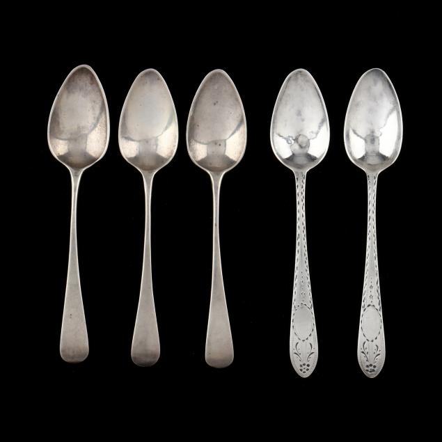 FIVE GEORGE III SILVER SMALL TEASPOONS,