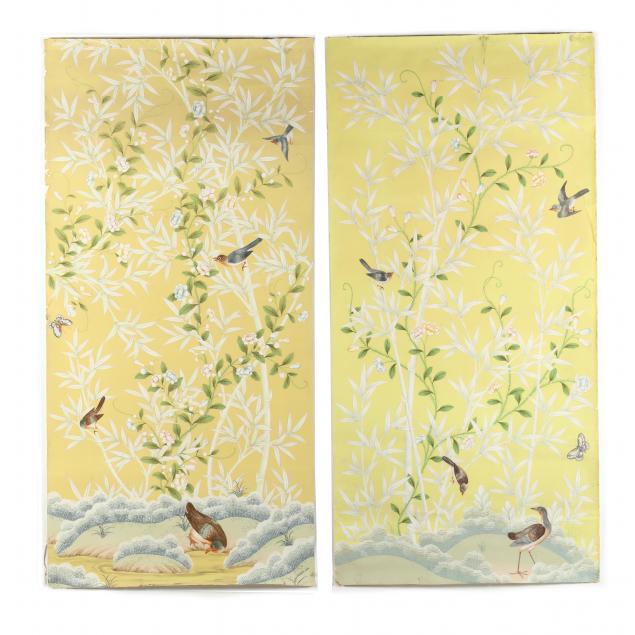 TWO HAND-PAINTED CHINOISERIE WALLPAPER