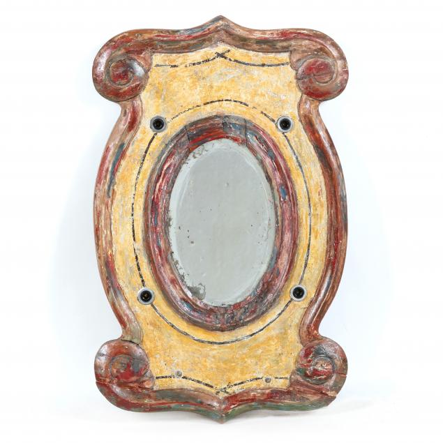 A PAINT DECORATED CARVED WALL MIRROR 3485ce