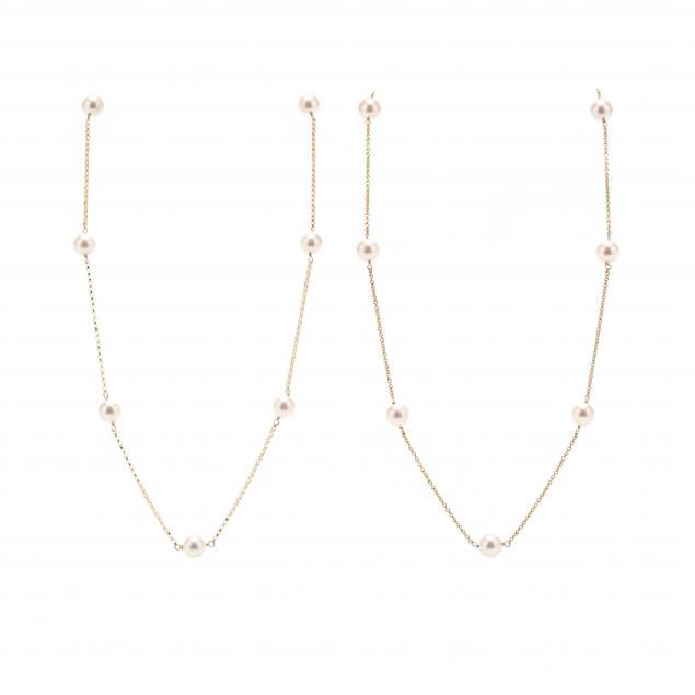 TWO GOLD AND PEARL STATION NECKLACES 34863c