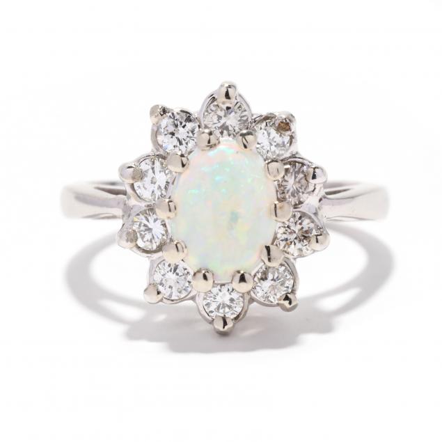 WHITE GOLD, OPAL, AND DIAMOND RING