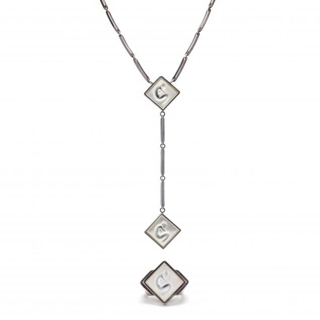 SILVER AND GLASS NECKLACE AND RING  34868e