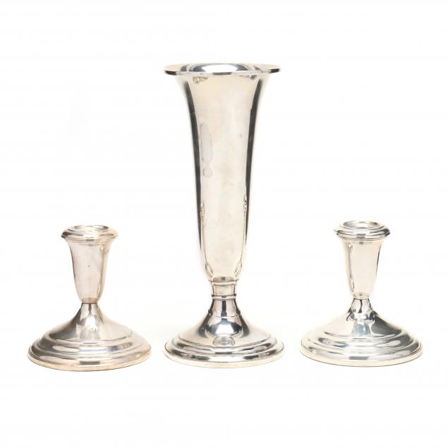 A STERLING SILVER VASE AND PAIR