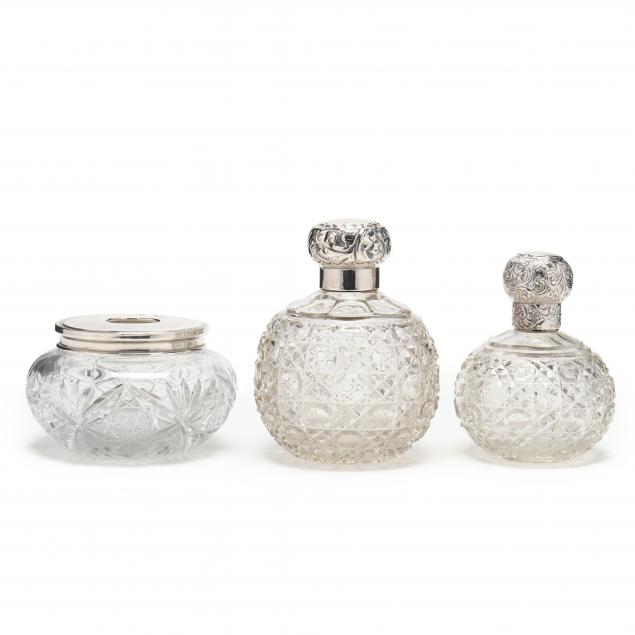 THREE SILVER LIDDED CUT GLASS VANITY 34874c