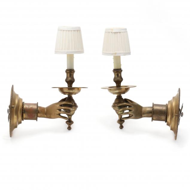 PAIR OF BRASS HAND WALL SCONCES 3487b7