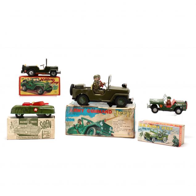 FOUR VINTAGE TIN LITHO ARMY VEHICLES