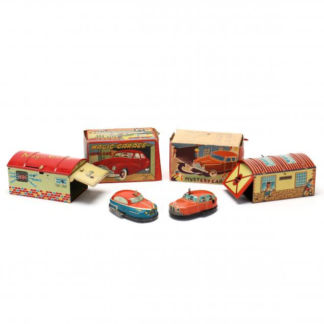 TWO TIN LITHO GARAGE AND CAR TOYS 348918