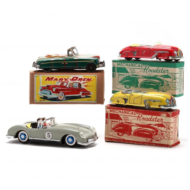 FOUR VINTAGE ROADSTER TOY CARS 34891e