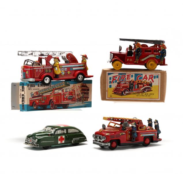 THREE VINTAGE TIN LITHO FIRE VEHICLES